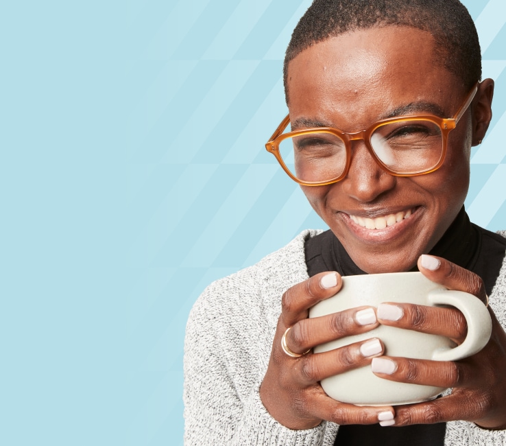 Image of an icon for a fog cloud. Image of a woman wearing face mask wearing round glasses.