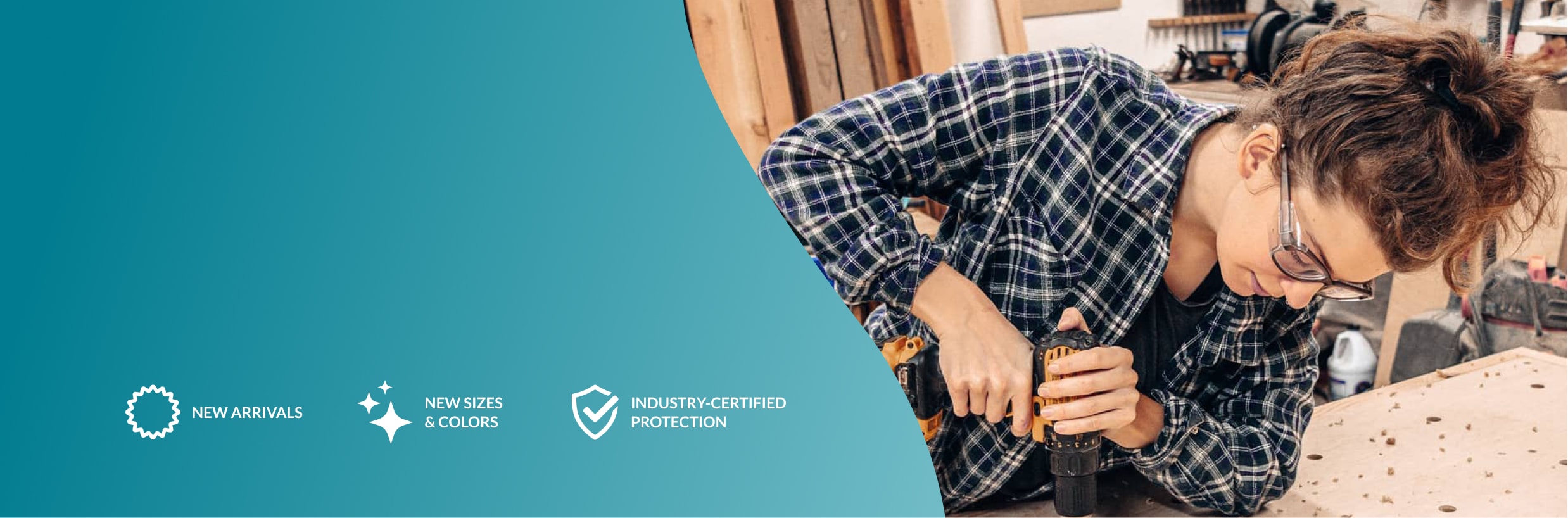 New Arrivals icon. New Sizes and Colors icon. Industry-certified icon. Image of a woman using a power drill, wearing Zenni Z87.1 safety glasses #749812.