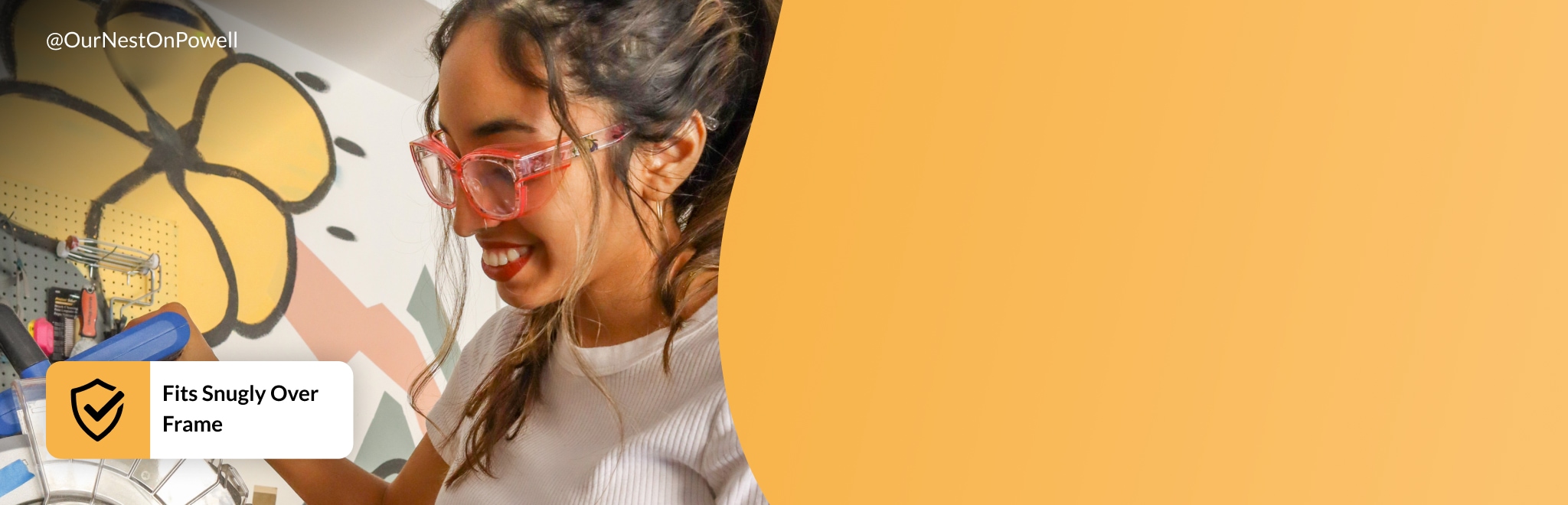 Fits snugly over frame icon. Image of Danielle Guerrero (@ournestonpowell) wearing Zenni cat-eye glasses #2018723 with snap on shields in rose.