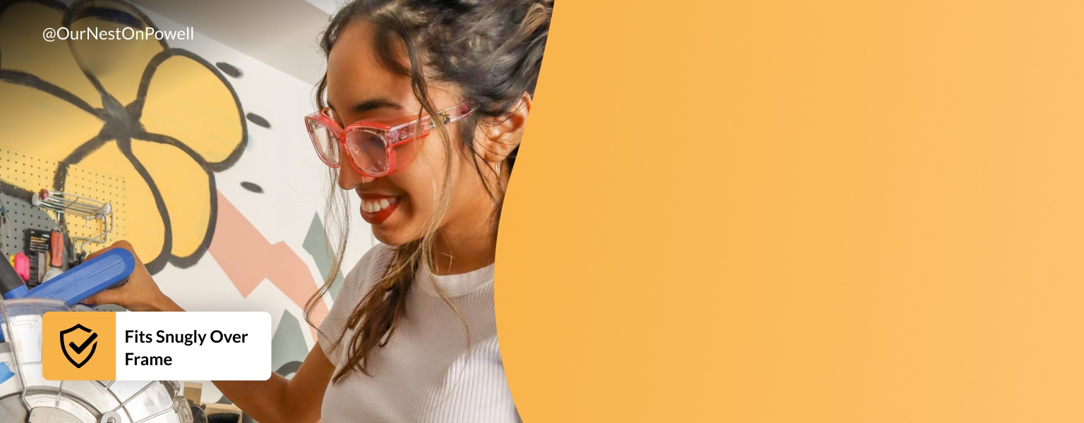 Fits snugly over frame icon. Image of Danielle Guerrero (@ournestonpowell) wearing Zenni cat-eye glasses #2018723 with snap on shields in rose.