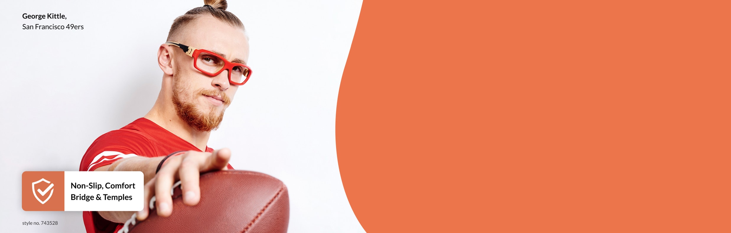 George Kittle, San Francisco 49ers. Image of George Kittle wearing Zenni sport protective goggles #743528, holding a football pointed at the camera, against a white background.