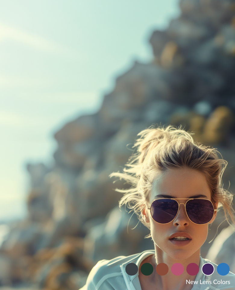 Young woman wearing stylish gold-framed aviator EyeQLenz™ frames, running on a mountainous trail on a sunny day, highlighting suitability for outdoor enthusiasts.