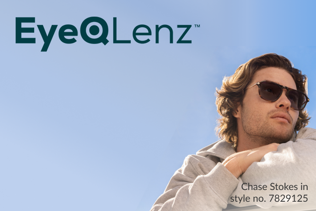 Chase Stokes gazing into the distance, wearing dark-tinted Zenni EyeQLenz glasses and a casual tan sweater.