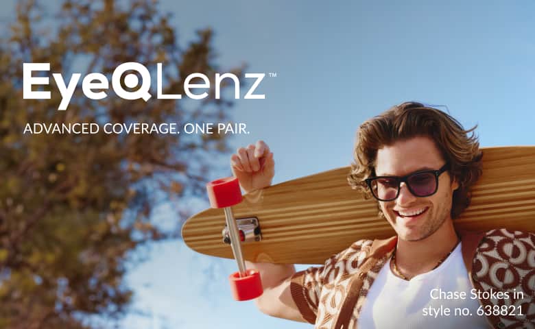 EyeQLenz. The lens that does it all. Zero stress. Multi-spectrum protection. Advanced coverage. One pair. Chase Stokes outside holding a skateboard on his shoulders, in Zenni EyeQLenz glasses with a dark tint and wearing a brown collared shirt.
