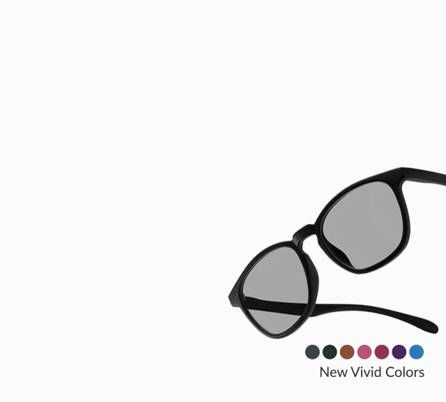 Black sunglasses with blue-tinted lenses on a white background. A row of color swatches labeled 'New Vivid Colors'.