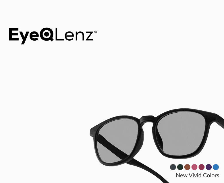Black sunglasses with blue-tinted lenses on a white background. Text reads 'EyeQLenz'. A row of color swatches labeled 'New Vivid Colors.'