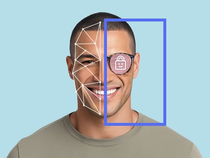 Man with facial recognition overlay and a label reading 'Anti-IR Lens Tech'.