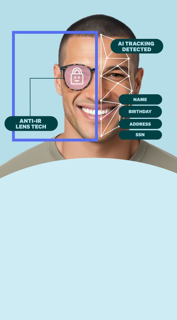 Man with facial recognition overlay and a label reading 'Anti-IR Lens Tech'.