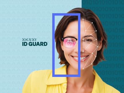 A smiling woman in a yellow shirt is shown with facial recognition lines mapped to her face, a lock icon over her glasses lens, and a label reading ‘ANTI-INFRARED LENS’ against a background split between light blue with lock icons and dark teal with binary code.