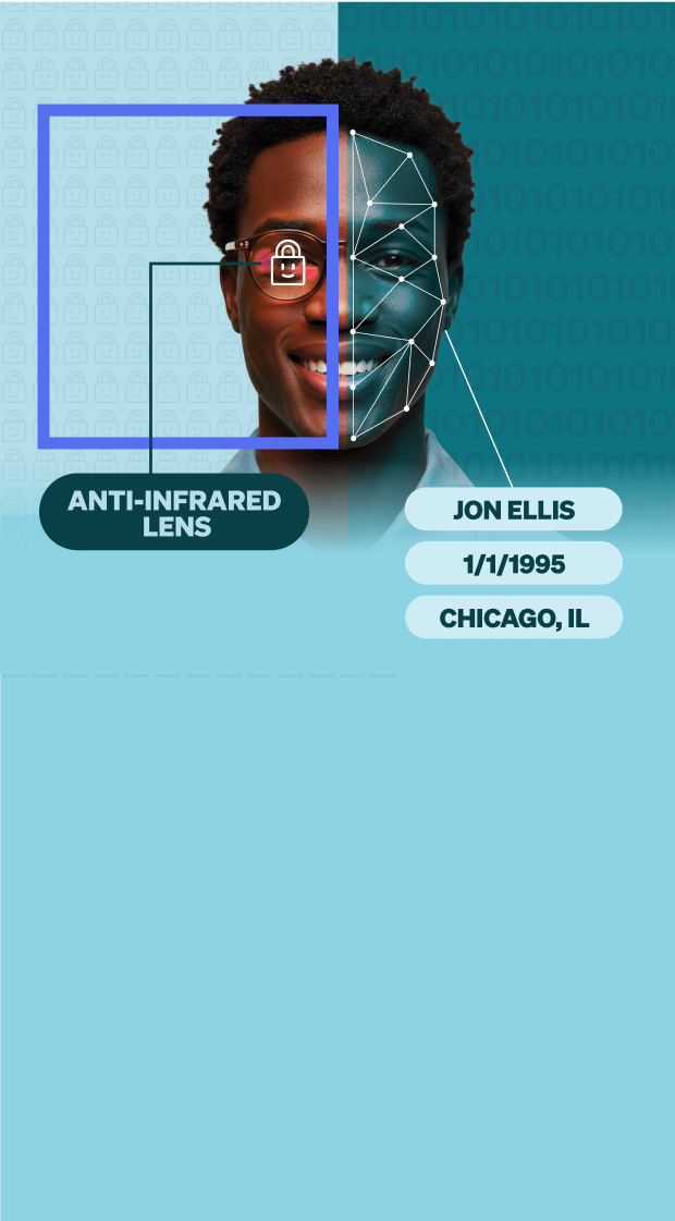 A smiling man wearing glasses with anti-infrared lens, shown with a facial recognition overlay and labeled personal data including name, birthdate, and location.