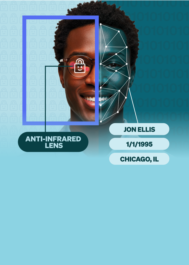 A smiling man wearing glasses with anti-infrared lens, shown with a facial recognition overlay and labeled personal data including name, birthdate, and location.