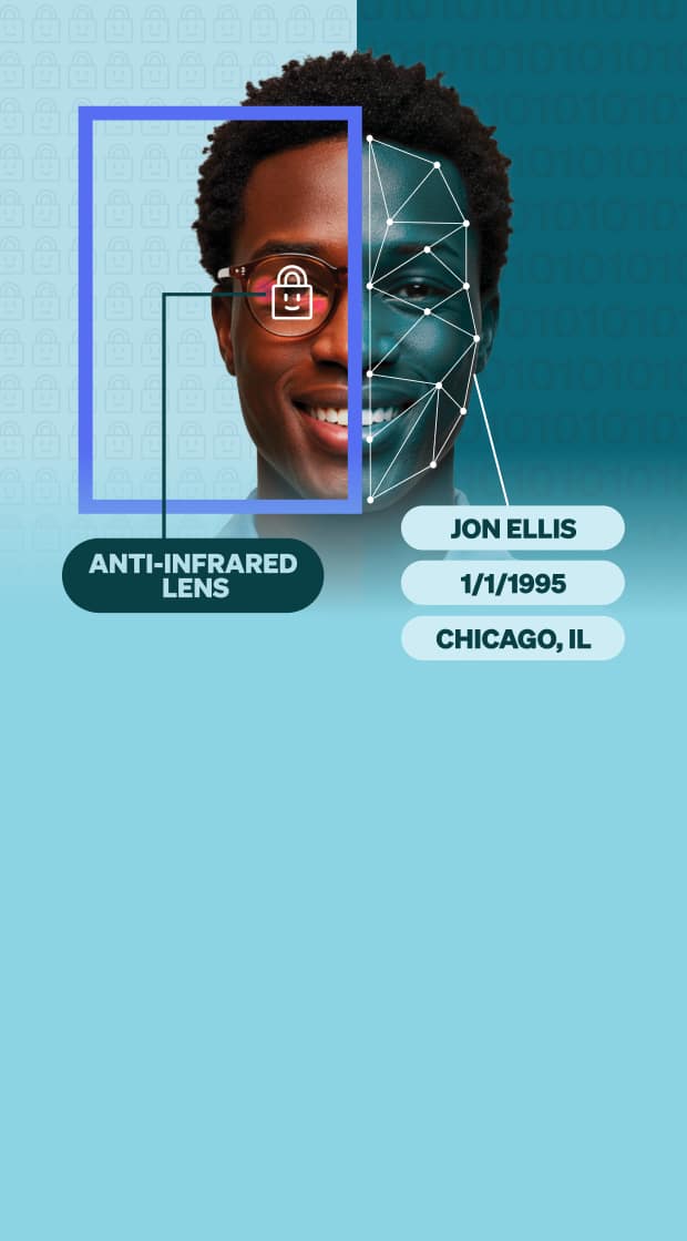 A smiling man wearing glasses with anti-infrared lens, shown with a facial recognition overlay and labeled personal data including name, birthdate, and location.