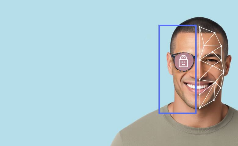 Man with facial recognition overlay and a label reading 'Anti-IR Lens Tech'.