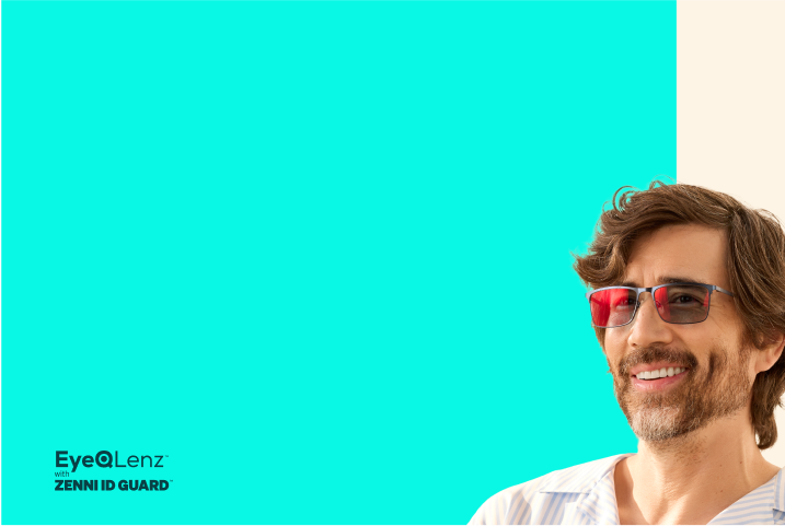 The image features a person with medium-length dark hair and a beard, wearing glasses with red-tinted lenses, on a turquoise background. and brown tones. At the bottom, text 'EyeQ Lenz with Zenni ID Guard'.