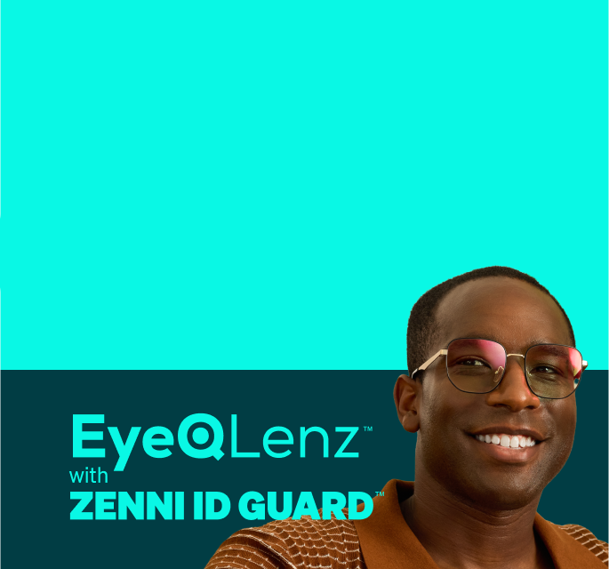The image shows a smiling person in glasses and a brown patterned shirt against a teal background, with text reading 'EyeQ Lenz with ZENNI ID GUARD' in the lower left corner.