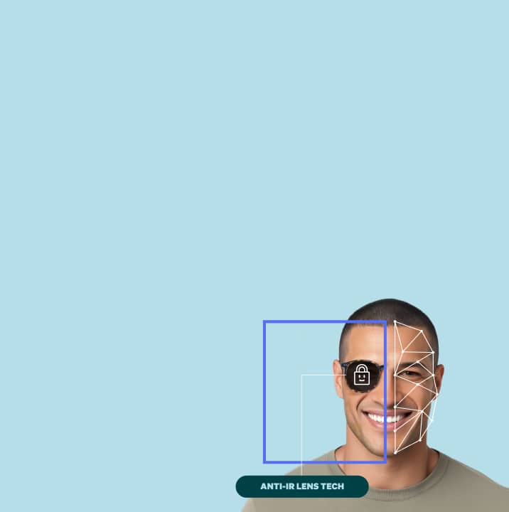 Man with facial recognition overlay and a label reading 'Anti-IR Lens Tech'.