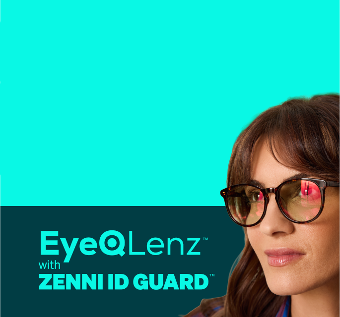 A woman with brown hair and bangs wearing round, tortoise-shell glasses. The background is split between teal and dark navy with the 'EyeQLenz™ with Zenni ID Guard™' logo.