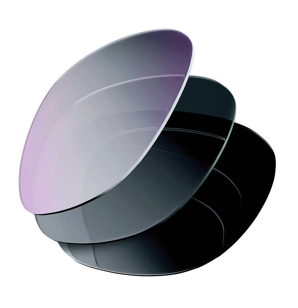 Seven color-tinted lenses, from gray to pink, representing available light-adaptive outdoor tints.