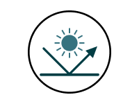Circular icon of a sun with an arrow reflecting off a surface, symbolizing UV protection.