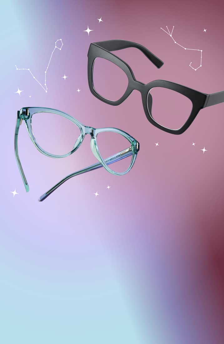 Clear and black Zenni eyeglass frames on a purple-to-pink gradient background with stars and constellation illustrations.