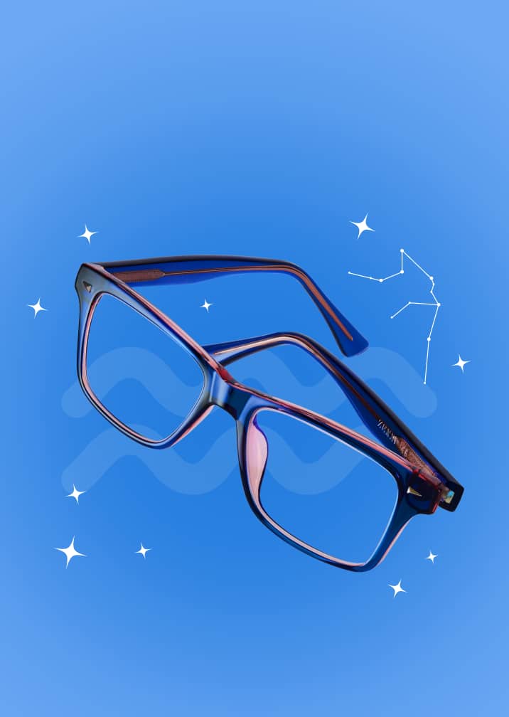 Deep purple square glasses on a bright blue zodiac background with the Aquarius symbol and constellation.
