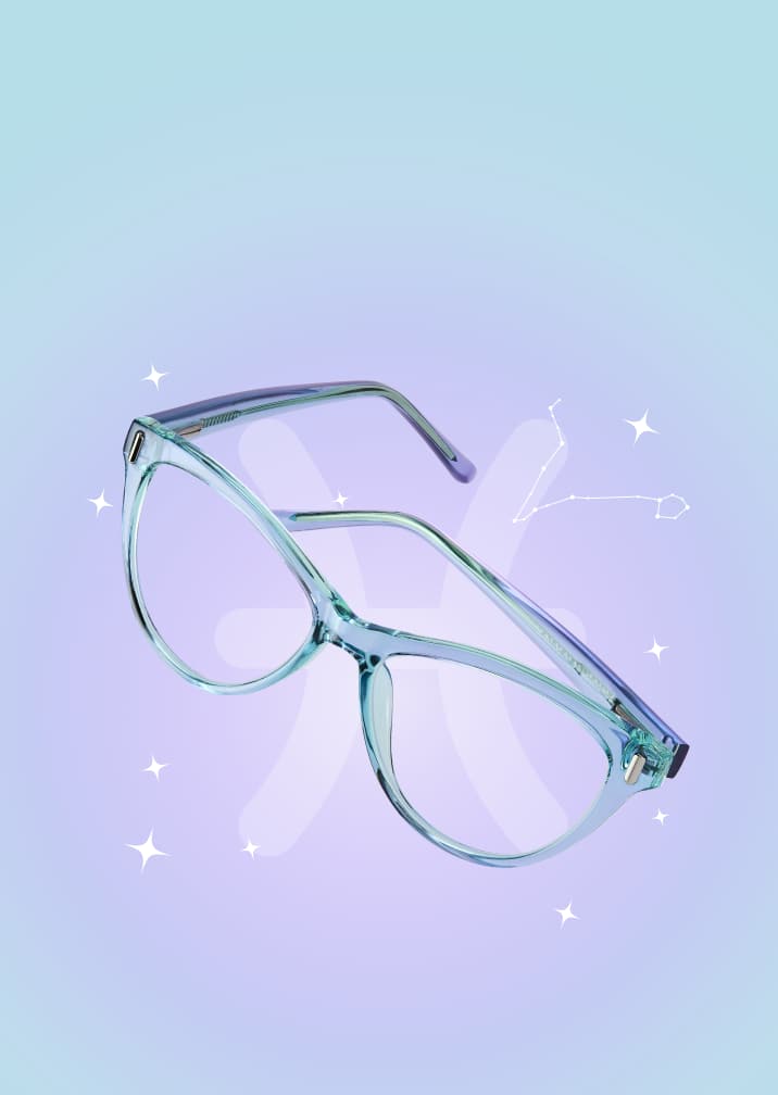 Soft aqua cat-eye glasses on a dreamy blue-purple zodiac background with the Pisces symbol and constellation.