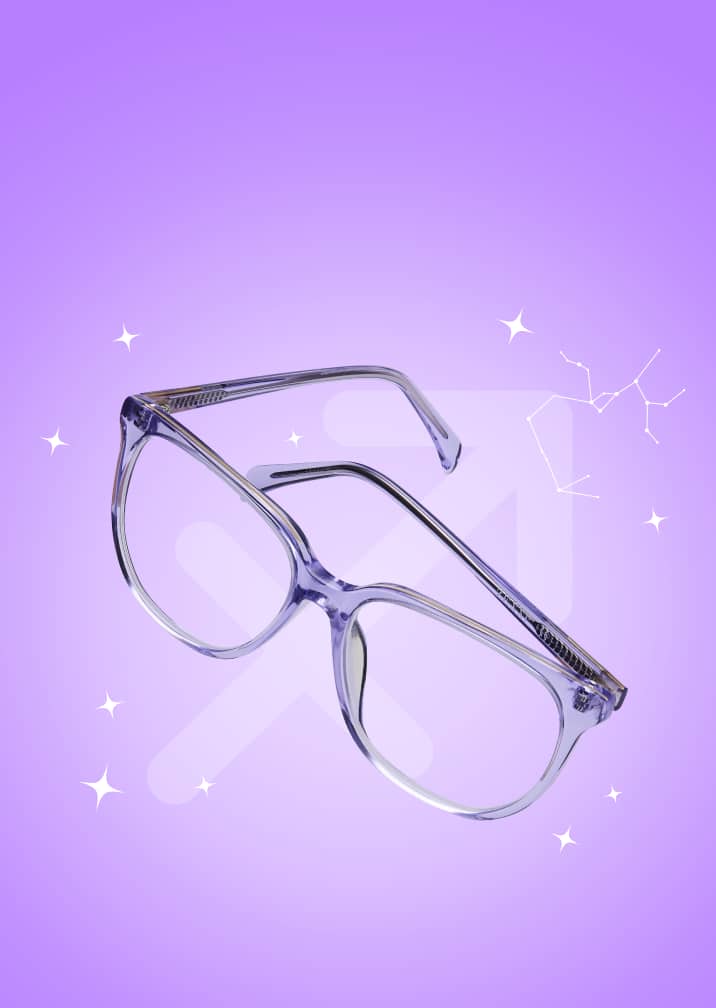 Translucent glasses on a purple zodiac background with the Sagittarius symbol and constellation.