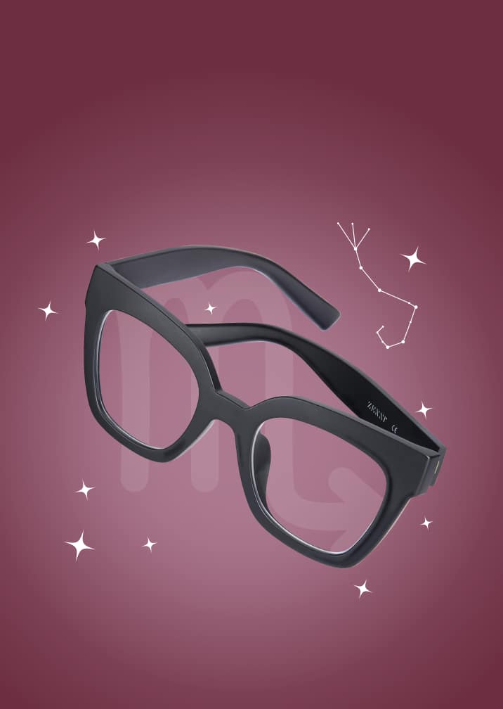 Bold black square glasses on a deep burgundy zodiac background with the Scorpio symbol and constellation.