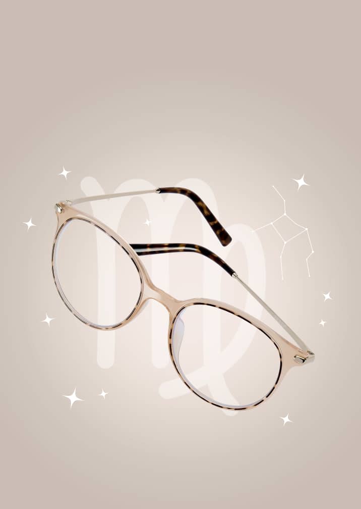 Earth-toned glasses with a minimalist frame on a muted taupe zodiac background with the Virgo symbol and constellation.