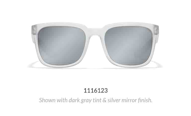 These contemporary premium square sunglasses have a matte translucent finish. Shown in frost with dark gray tinted lenses and silver mirror finish.