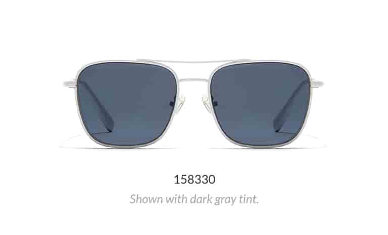 Unwind, from the Timo x Zenni collection, is a metal aviator frame. Shown in white option with dark gray tint.