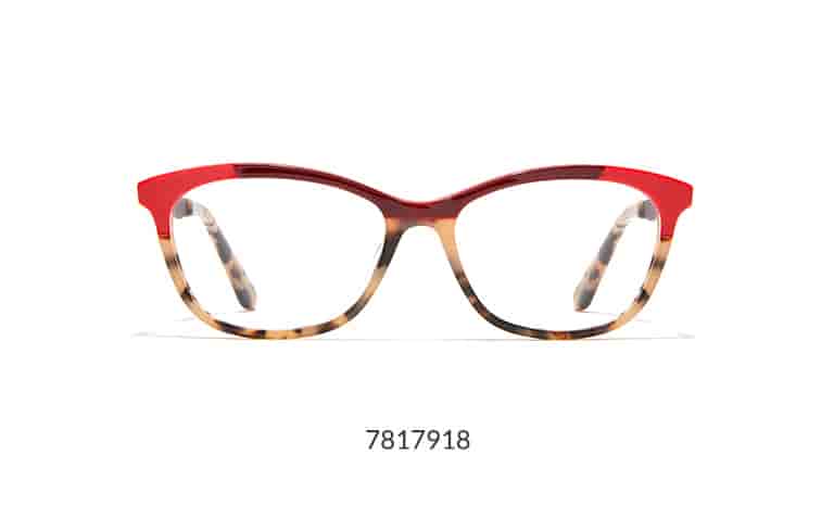 Fashion-forward acetate cat-eye glasses tortoiseshell with bright red and dark red accents.