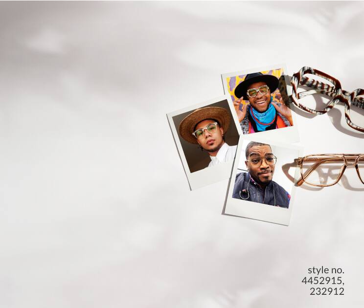 Image of three pairs of Zenni glasses, placed next to three polaroid images of customers wearing the same glasses.