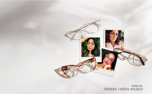 Image of several pairs of Zenni glasses, placed next to three polaroid images of customers wearing the same glasses.