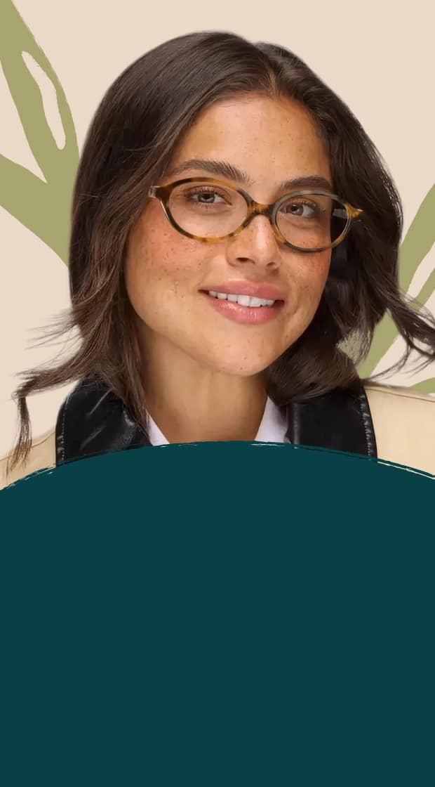 Smiling woman wearing tortoiseshell oval eyeglasses against a dark teal background with leaf illustrations.