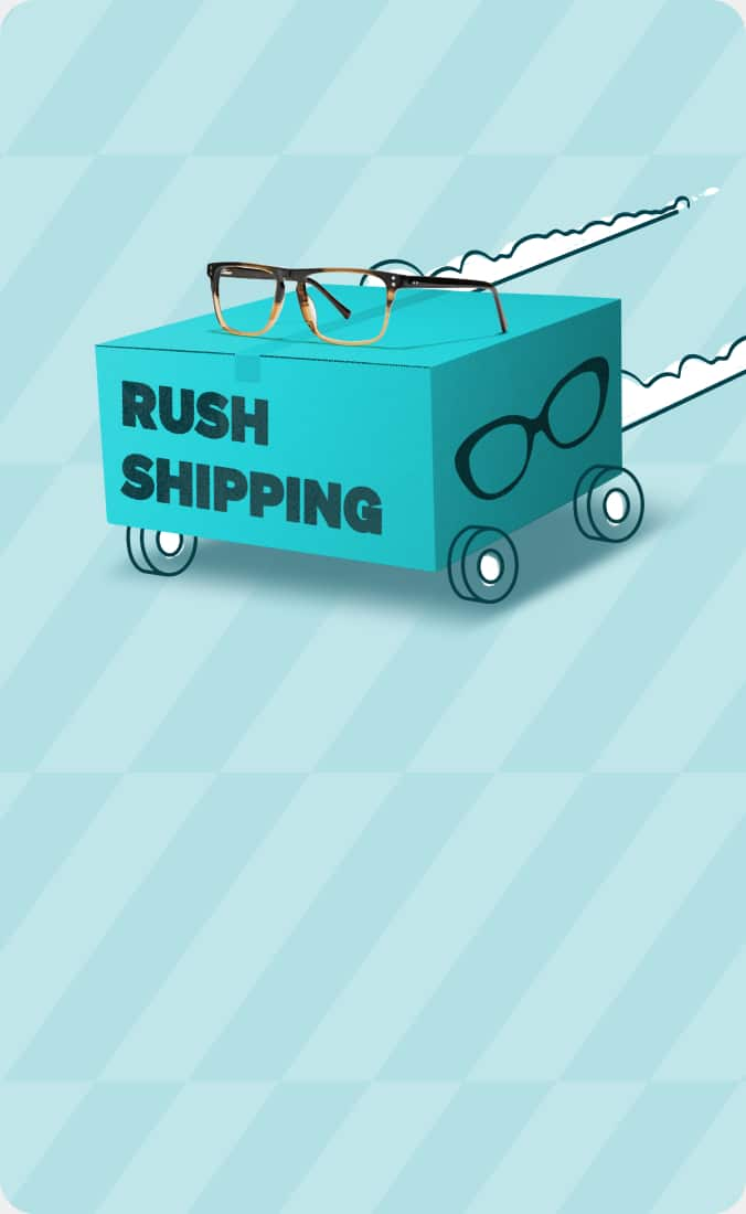 Illustration of a blue box on wheels with the words 'Rush Shipping' written on it. A pair of brown two-tone glasses sits on top of the box, which is speeding forward, leaving behind motion lines.