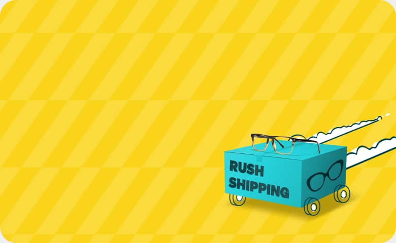 Illustration of a blue box on wheels with the words 'Rush Shipping' written on it. A pair of glasses sits on top of the box, which is speeding forward, leaving behind motion lines.