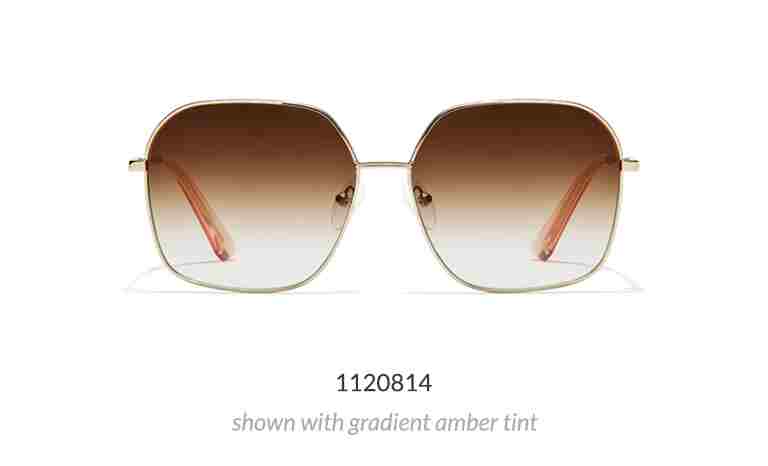These wide, ultra-glam square sunglasses have an oversized silhouette with rounded lenses. The thin metal frame is shown in gold with gradient amber tint.