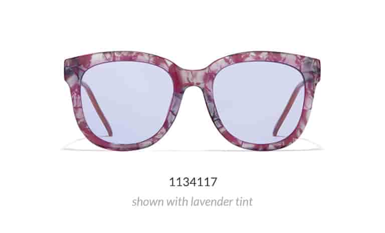 Large premium square sunglasses with purple crystalline pattern are shown with lavender fashion tint.