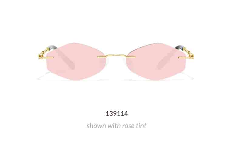 These cool rimless sunglasses feature flexible titanium temple arms with twisted metal design. Shown with geometric lens shape 443 with amber gradient tint and rose gold mirror finish.