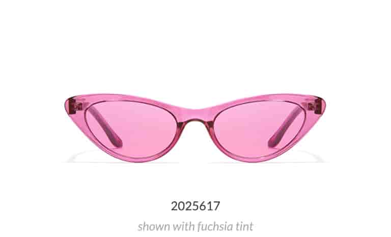 This narrow plastic cat-eye is the perfect mix of retro and modern. Shown in translucent purple with fuchsia fashion tint.