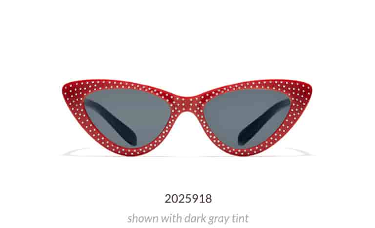 With sharp angles and a silver-studded front, these extreme cat-eyes have ultra-retro flair. Shown in red with dark gray tint.