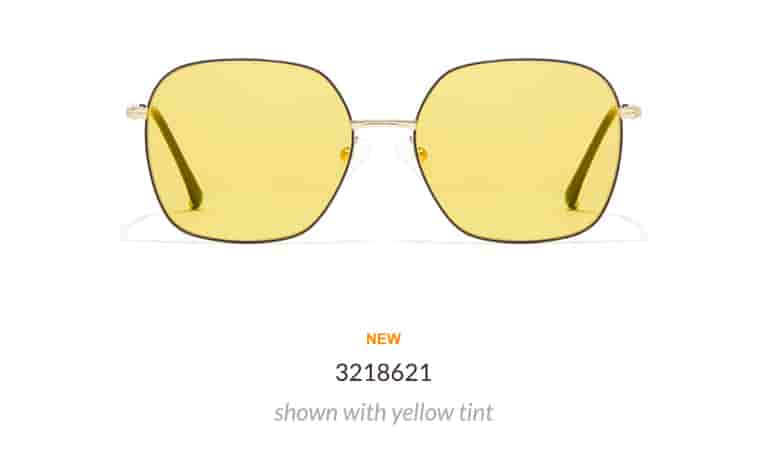 These stylish square glasses feature thin metal rims and twisted metal temple arms. Shown in black with yellow fashion tint.