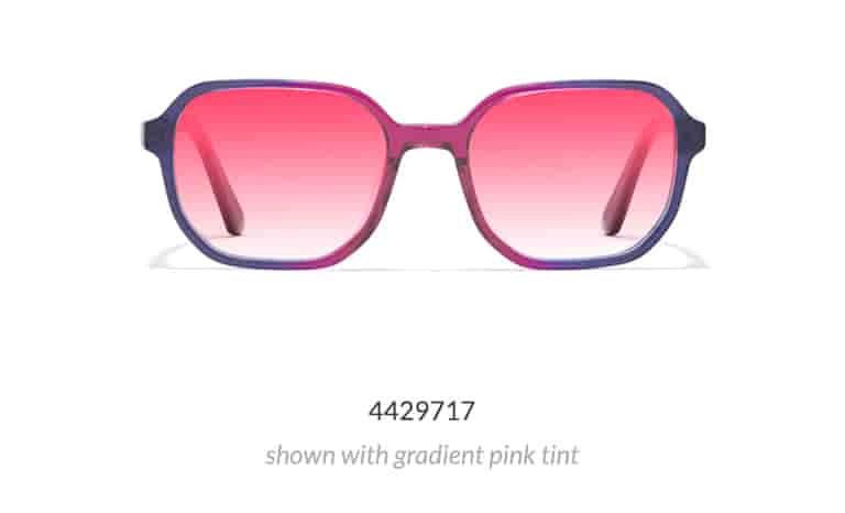 The translucent acetate frame is shown in orchid, which is pink and purple toned, with gradient pink tint.