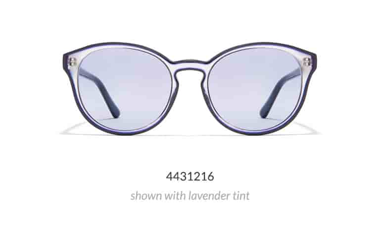 These round glasses are clear with an opaque outline, creating a striking effect.Shown in blue with lavender fashion tint.