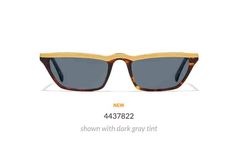 These angular rectangle glasses have a fun throwback vibe with narrow lenses. The acetate tortoiseshell frame features a bold pop of yellow on the brow. Shown with dark gray tint.