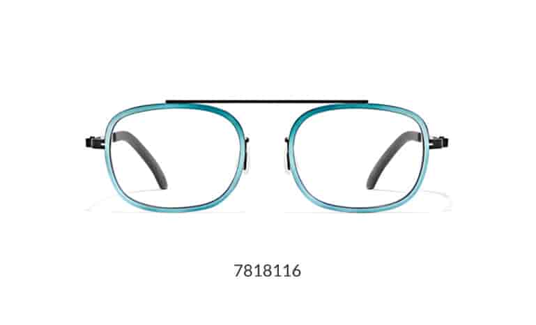 With its bridgeless design and shiny metallic rims, it’s impossible to wear this frame and not get noticed. Shown in teal with matte black brow bar and temple arms.