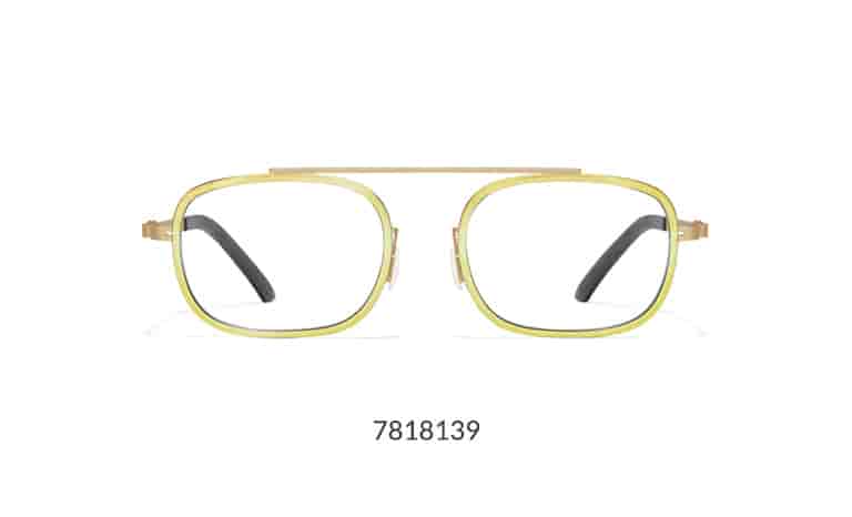 With its bridgeless design and shiny metallic rims, it’s impossible to wear this frame and not get noticed. Shown in chartreuse with matte gold metal brow bar and temple arms.