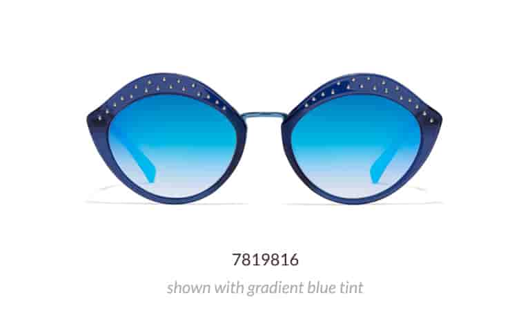 Add some pop to your look with this whimsical lip-shaped frame. Made with hand-polished acetate, it features small studs along the top rims. Shown in blue with gradient gray tint and blue mirror finish.