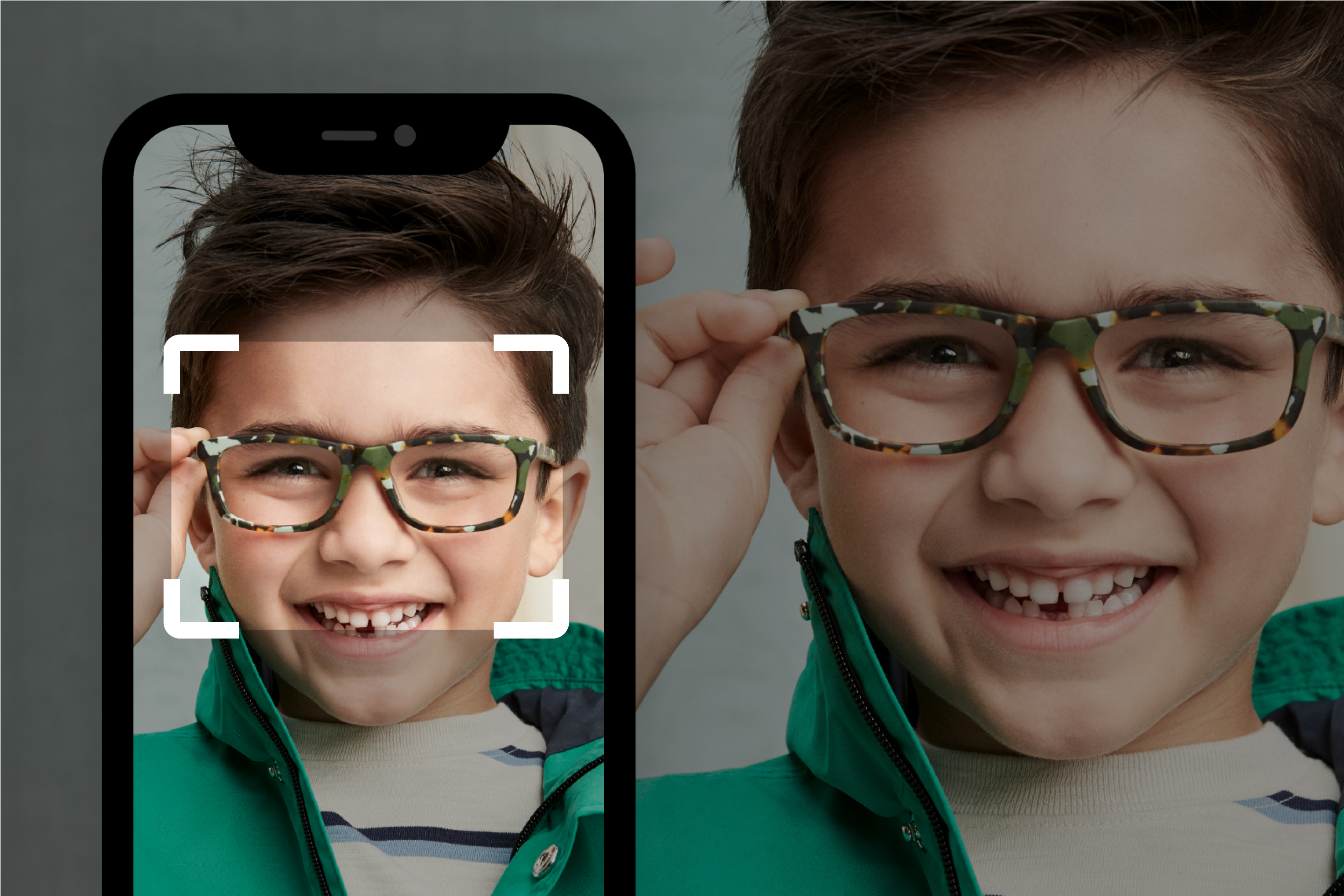 A boy wearing rectangle glasses with an overlay of a phone taking a picture of the boy and a rectangle focusing on the glasses.